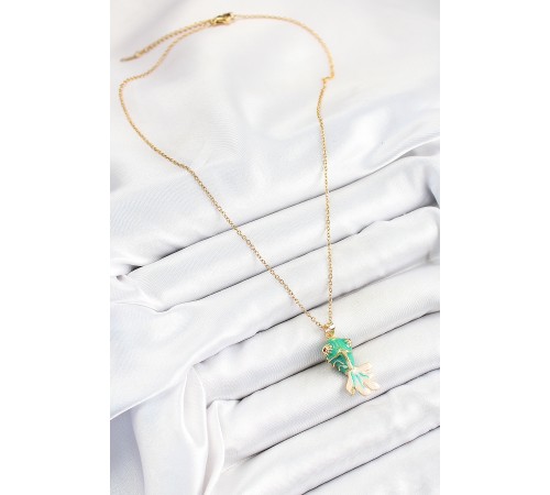 316L Çelik Zincir Yeşil Balık Model Gold Renk Kadın Kolye