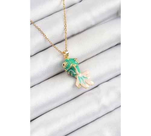 316L Çelik Zincir Yeşil Balık Model Gold Renk Kadın Kolye