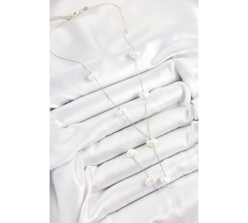 Pirinç İncili Kalp Figürlü Y Model Gümüş Renk Kadın Kolye