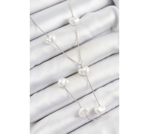 Pirinç İncili Kalp Figürlü Y Model Gümüş Renk Kadın Kolye