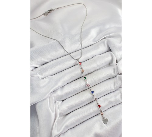 Pirinç Gümüş Renk Karışık Renk Zirkon Taşlı Kalpli Y Kadın Kolye