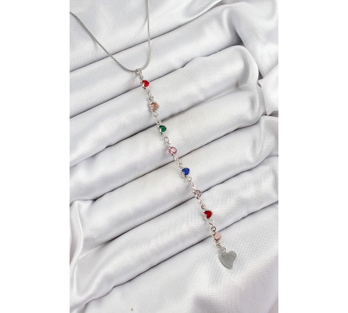 Pirinç Gümüş Renk Karışık Renk Zirkon Taşlı Kalpli Y Kadın Kolye