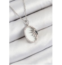 316L Çelik Zirkon Taşlı Yarım Güneş Model Gümüş Renk Kadın Kolye