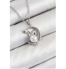 316L Çelik İnci Detaylı Hilal Tavşan Model Gümüş Renk Kadın Kolye