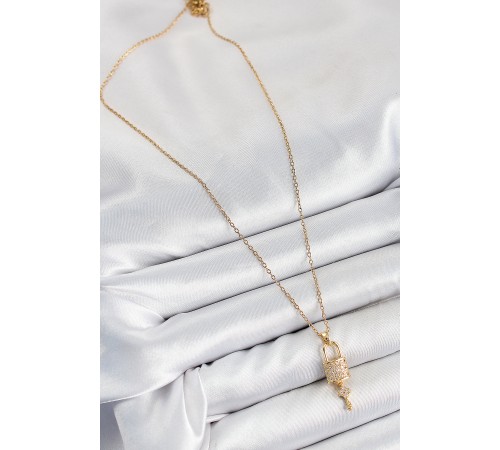 316L Çelik Zirkon Taşlı Kilit Ve Sallantılı Anahtar Model Gold Renk Kadın Kolye