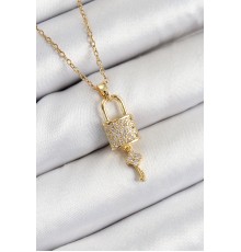 316L Çelik Zirkon Taşlı Kilit Ve Sallantılı Anahtar Model Gold Renk Kadın Kolye