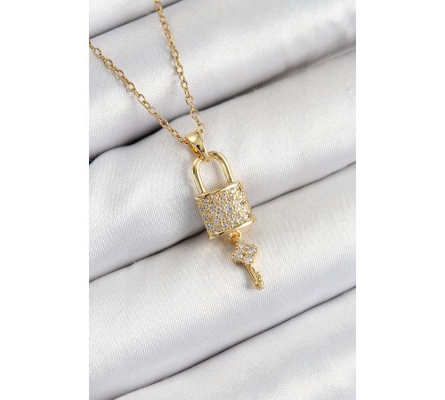 316L Çelik Zirkon Taşlı Kilit Ve Sallantılı Anahtar Model Gold Renk Kadın Kolye