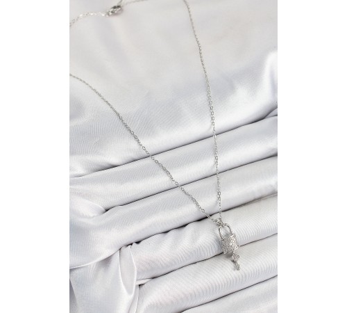 316L Çelik Zirkon Taşlı Kilit Ve Sallantılı Anahtar Model Gümüş Renk Kadın Kolye