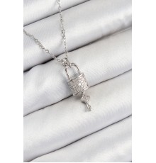 316L Çelik Zirkon Taşlı Kilit Ve Sallantılı Anahtar Model Gümüş Renk Kadın Kolye