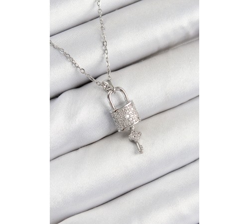 316L Çelik Zirkon Taşlı Kilit Ve Sallantılı Anahtar Model Gümüş Renk Kadın Kolye