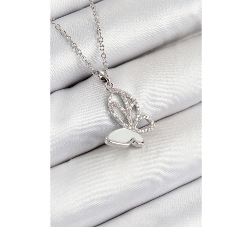 316L Çelik Zirkon Taşlı Kelebek Model Gümüş Renk Kadın Kolye