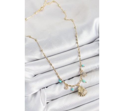 Pirinç Zirkon Taşlı Deniz Kabuğu Model Gold Renk Kadın Kolye