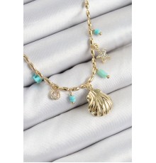 Pirinç Zirkon Taşlı Deniz Kabuğu Model Gold Renk Kadın Kolye