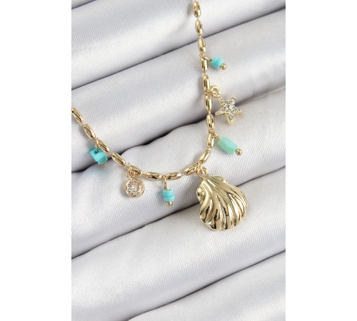 Pirinç Zirkon Taşlı Deniz Kabuğu Model Gold Renk Kadın Kolye