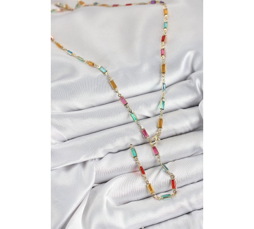 Pirinç Renkli Zirkon Taşlı Dikdörtgen Model Gold Renk Kadın Y Kolye