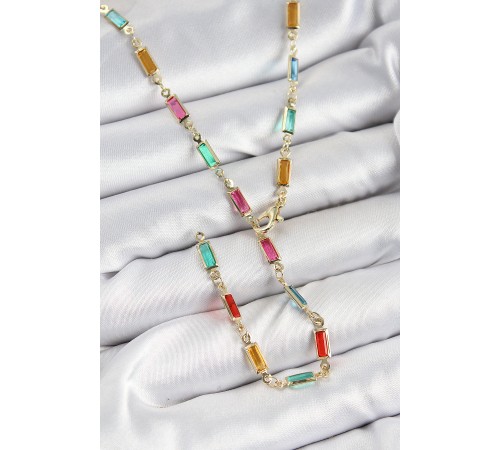 Pirinç Renkli Zirkon Taşlı Dikdörtgen Model Gold Renk Kadın Y Kolye