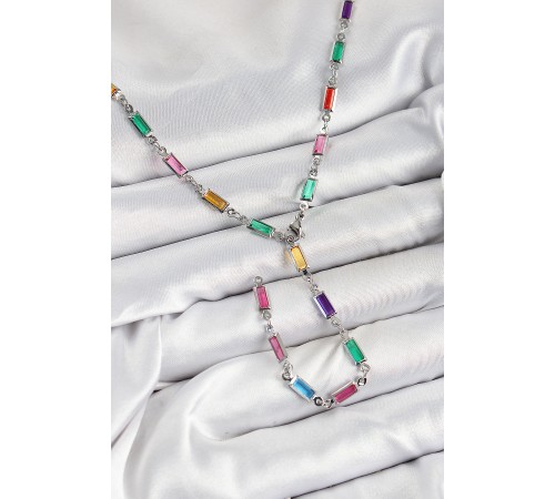 Pirinç Renkli Zirkon Taşlı Dikdörtgen Model Gümüş Renk Kadın Y Kolye