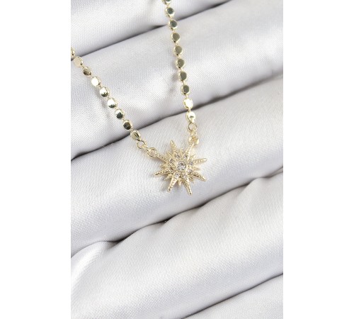 Pirinç Zirkon Taşlı Kutup Yıldızı Model Ezme Zincir Gold Renk Kadın Kolye