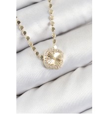 Pirinç Zirkon Taşlı Yonca Model Ezme Zincir Gold Renk Kadın Kolye