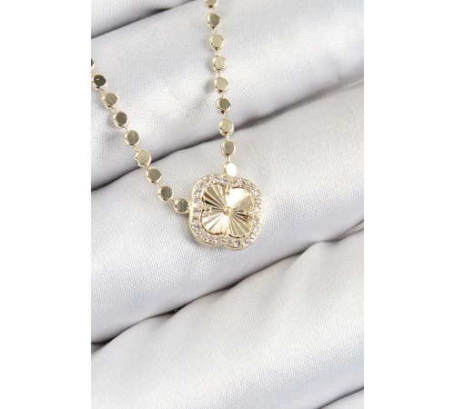 Pirinç Zirkon Taşlı Yonca Model Ezme Zincir Gold Renk Kadın Kolye