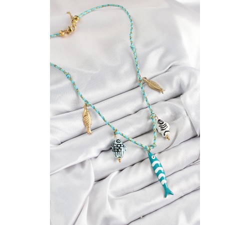 Seramik Motifli Balık Figürlü Model Mavi İp Kadın Kolye