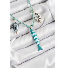 Seramik Motifli Balık Figürlü Model Mavi İp Kadın Kolye