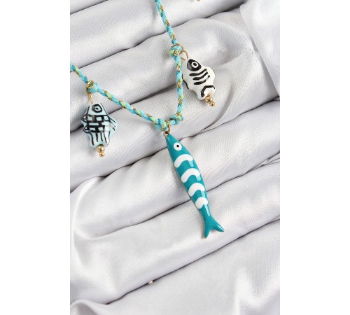 Seramik Motifli Balık Figürlü Model Mavi İp Kadın Kolye