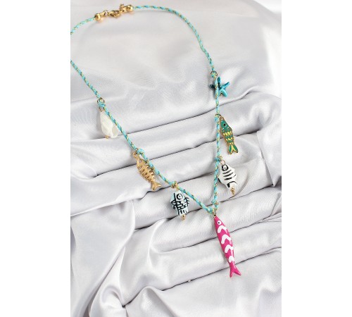 Seramik Motifli Pembe Balık Figürlü Model Mavi İp Kadın Kolye