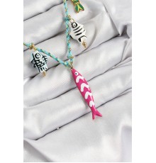 Seramik Motifli Pembe Balık Figürlü Model Mavi İp Kadın Kolye