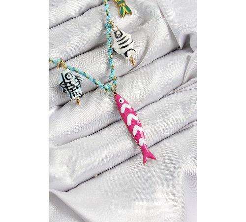 Seramik Motifli Pembe Balık Figürlü Model Mavi İp Kadın Kolye