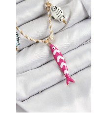 Seramik Motifli Pembe Balık Figürlü Model Krem İp Kadın Kolye