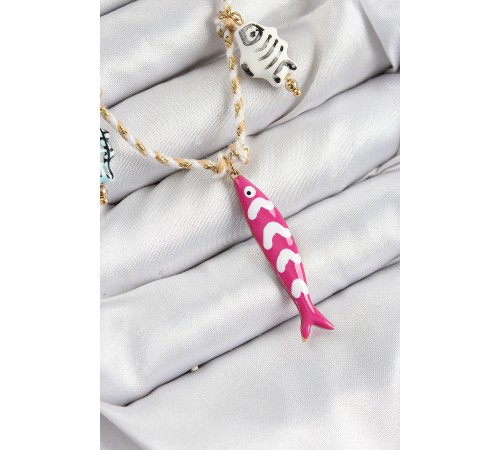 Seramik Motifli Pembe Balık Figürlü Model Krem İp Kadın Kolye