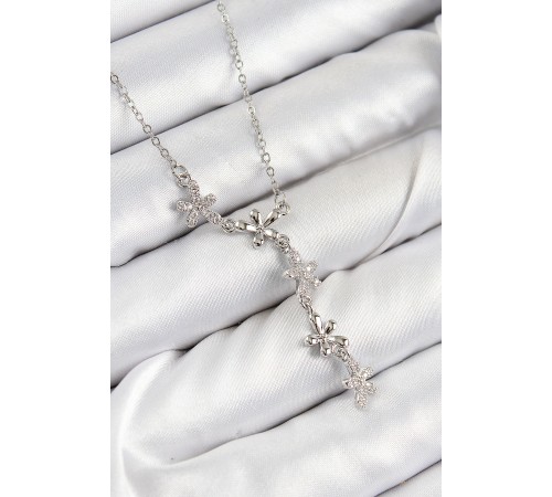 316L Çelik Zirkon Taşlı Çiçek Model Gümüş Renk Kadın Kolye