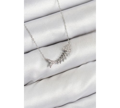 Pirinç Zirkon Taşlı Balık Kılçığı Model Gümüş Renk Kadın Kolye