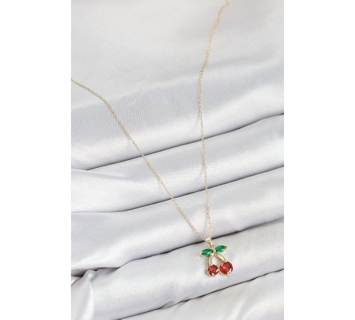 Pirinç Zirkon Taşlı Kiraz Model Gold Renk Kadın Kolye