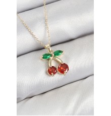 Pirinç Zirkon Taşlı Kiraz Model Gold Renk Kadın Kolye