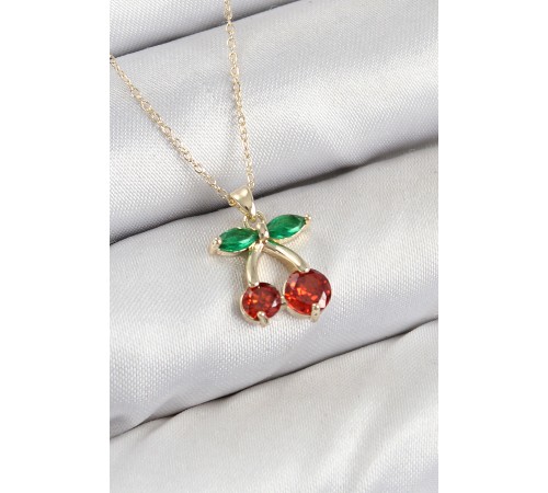 Pirinç Zirkon Taşlı Kiraz Model Gold Renk Kadın Kolye