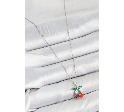 Pirinç Zirkon Taşlı Kiraz Model Gümüş Renk Kadın Kolye