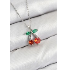 Pirinç Zirkon Taşlı Kiraz Model Gümüş Renk Kadın Kolye