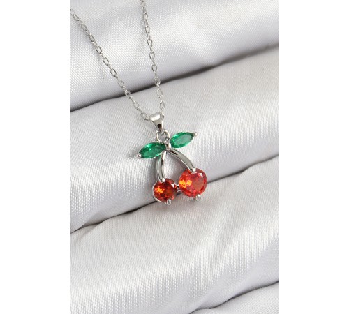 Pirinç Zirkon Taşlı Kiraz Model Gümüş Renk Kadın Kolye