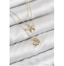 Pirinç Zirkon Taşlı Yıldız Ve Ay Model Gold Renk Kadın Kolye
