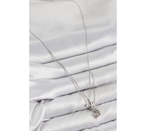 Pirinç Zirkon Taşlı Yıldız Ve Ay Model Gümüş Renk Kadın Kolye