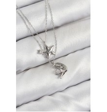 Pirinç Zirkon Taşlı Yıldız Ve Ay Model Gümüş Renk Kadın Kolye