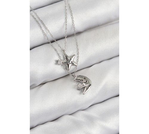 Pirinç Zirkon Taşlı Yıldız Ve Ay Model Gümüş Renk Kadın Kolye