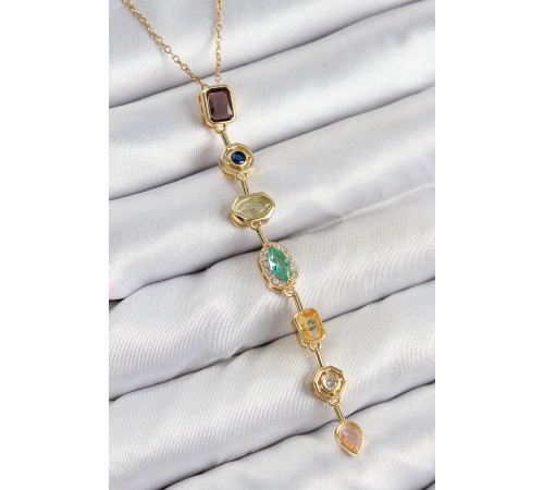 Pirinç Renkli Zirkon Taşlı Model Gold Renk 7 Element Kadın Y Kolye