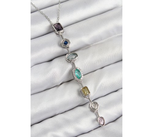 Pirinç Renkli Zirkon Taşlı Model Gümüş Renk 7 Element Kadın Y Kolye
