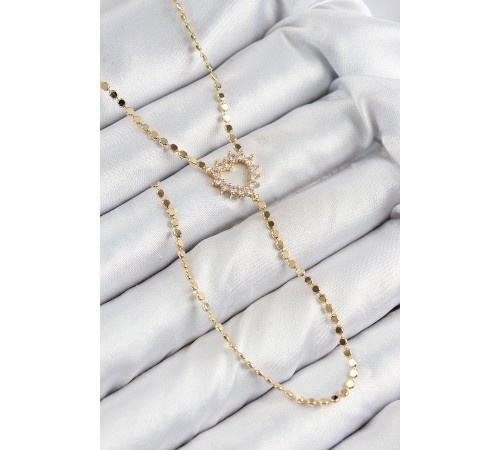 Pirinç Zirkon Taşlı Ezme Zincirli Kalp Model Gold Renk Y Kolye