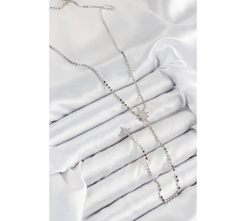 Pirinç Zirkon Taşlı Ezme Zincirli Kutup Yıldızı Model Gümüş Renk Y Kolye