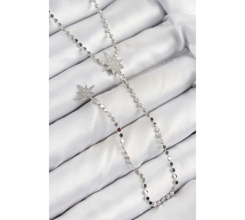 Pirinç Zirkon Taşlı Ezme Zincirli Kutup Yıldızı Model Gümüş Renk Y Kolye