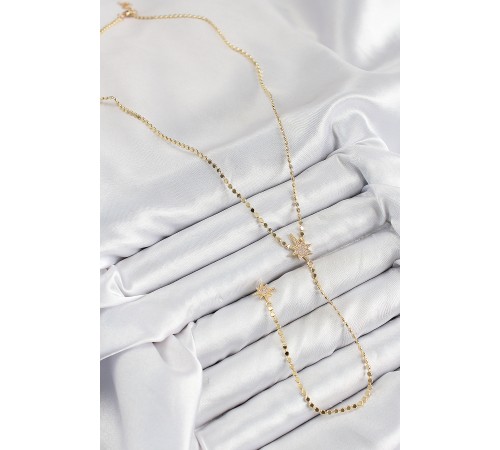 Pirinç Zirkon Taşlı Ezme Zincirli Kutup Yıldızı Model Gold Renk Y Kolye